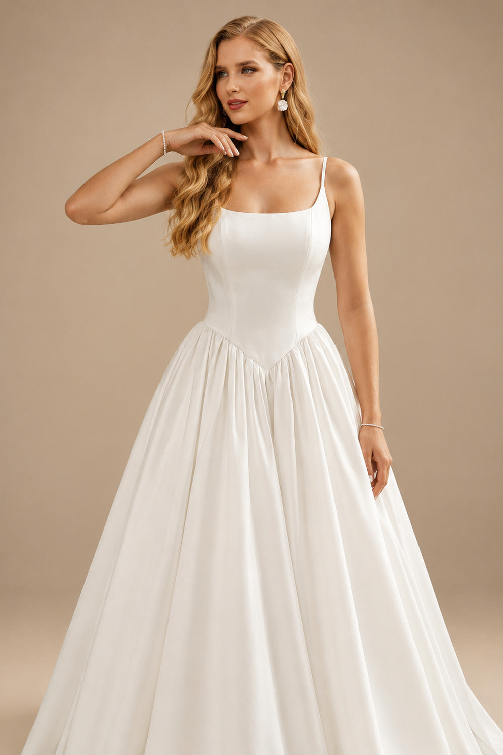Rutipo Ivory Ball-Gown Square Neckline Sleeveless Court Train Satin With Pockets Wedding Dress
