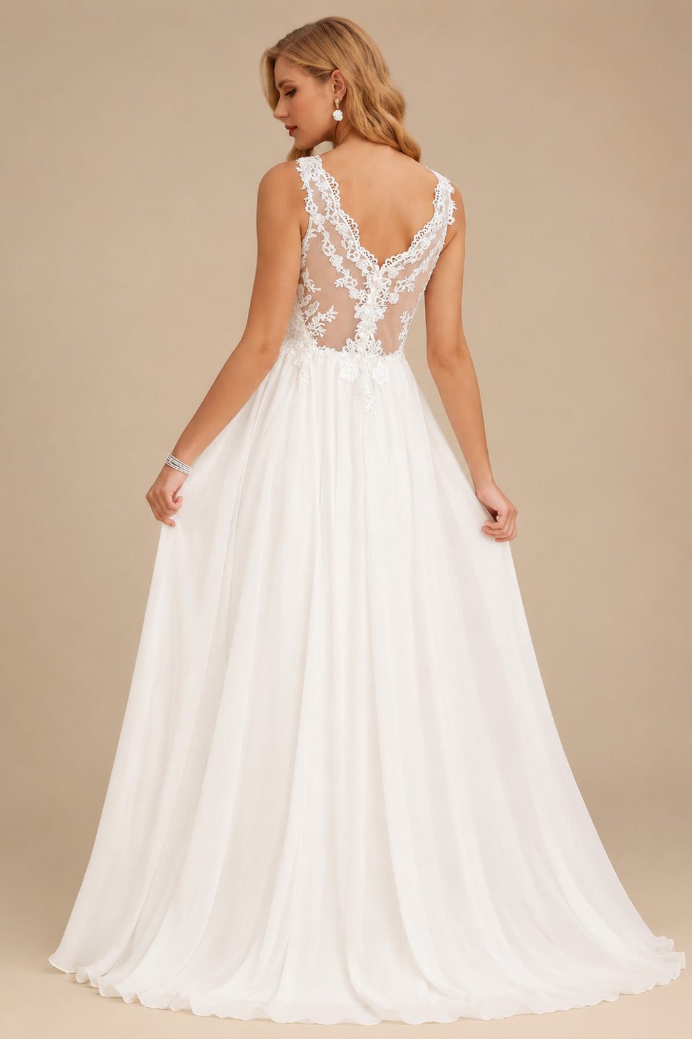 Rutipo Ivory A-Line V-Neck Sleeveless Floor-Length Chiffon/Lace With Lace Wedding Dress