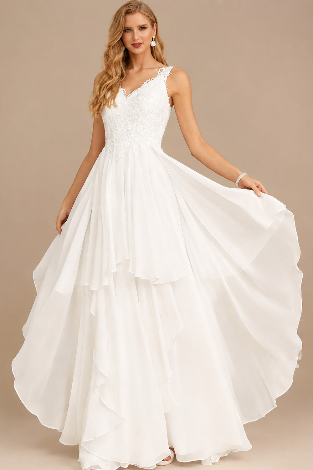 Rutipo Ivory A-Line V-Neck Sleeveless Floor-Length Chiffon/Lace With Lace Wedding Dress