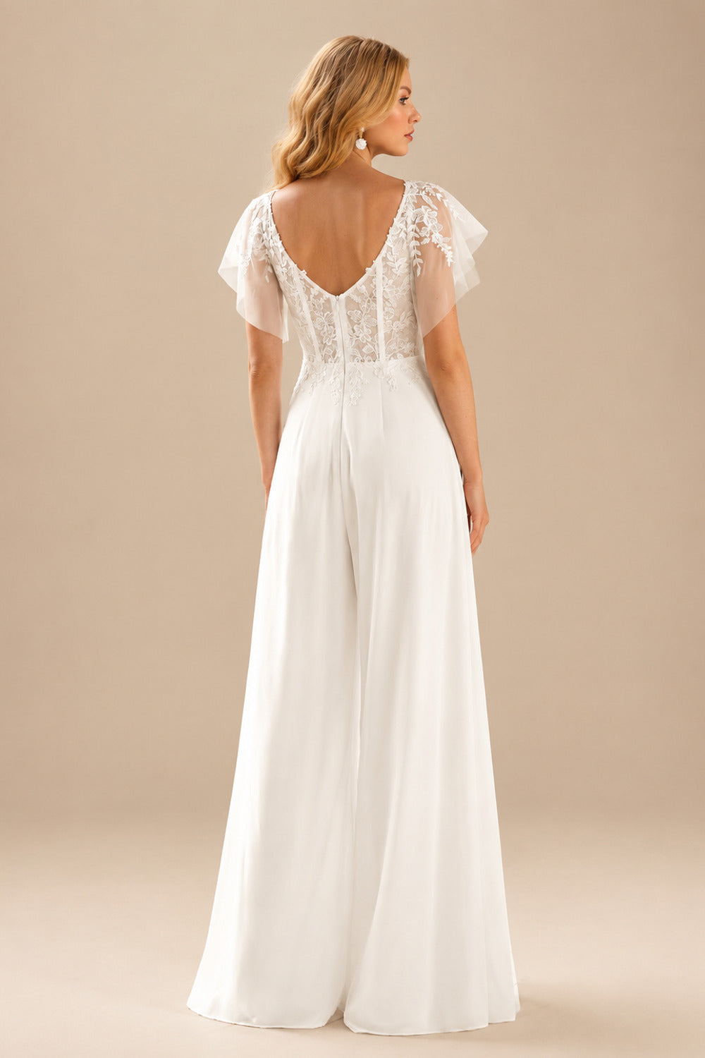 Rutipo Ivory Jumpsuit/Pantsuit Plunge Neck Cape Sleeves Detachable Chiffon Train/Lace Wedding Dress