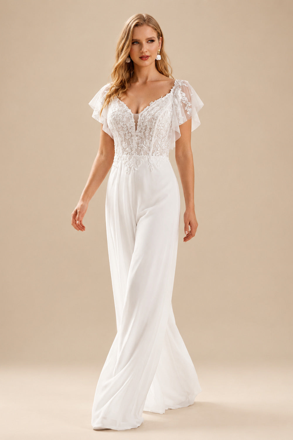 Rutipo Ivory Jumpsuit/Pantsuit Plunge Neck Cape Sleeves Detachable Chiffon Train/Lace Wedding Dress