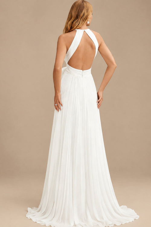 Rutipo Ivory A-Line Cowl Neck Sleeveless Sweep Train Chiffon With Bow(s)/Pockets Wedding Dress