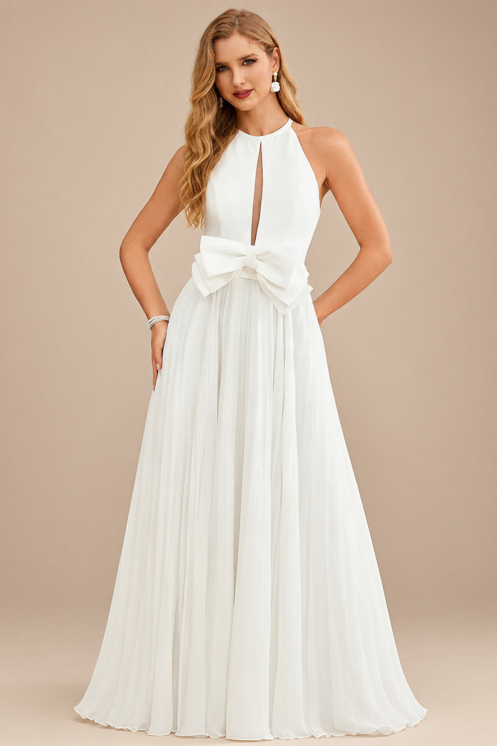 Rutipo Ivory A-Line Cowl Neck Sleeveless Sweep Train Chiffon With Bow(s)/Pockets Wedding Dress