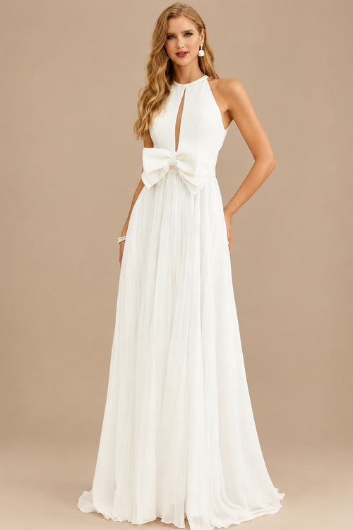 Rutipo Ivory A-Line Cowl Neck Sleeveless Sweep Train Chiffon With Bow(s)/Pockets Wedding Dress