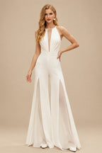 Rutipo Ivory Jumpsuit/Pantsuit Halter Sleeveless Floor-Length Chiffon/Elastic Satin Wedding Dresses With Lace