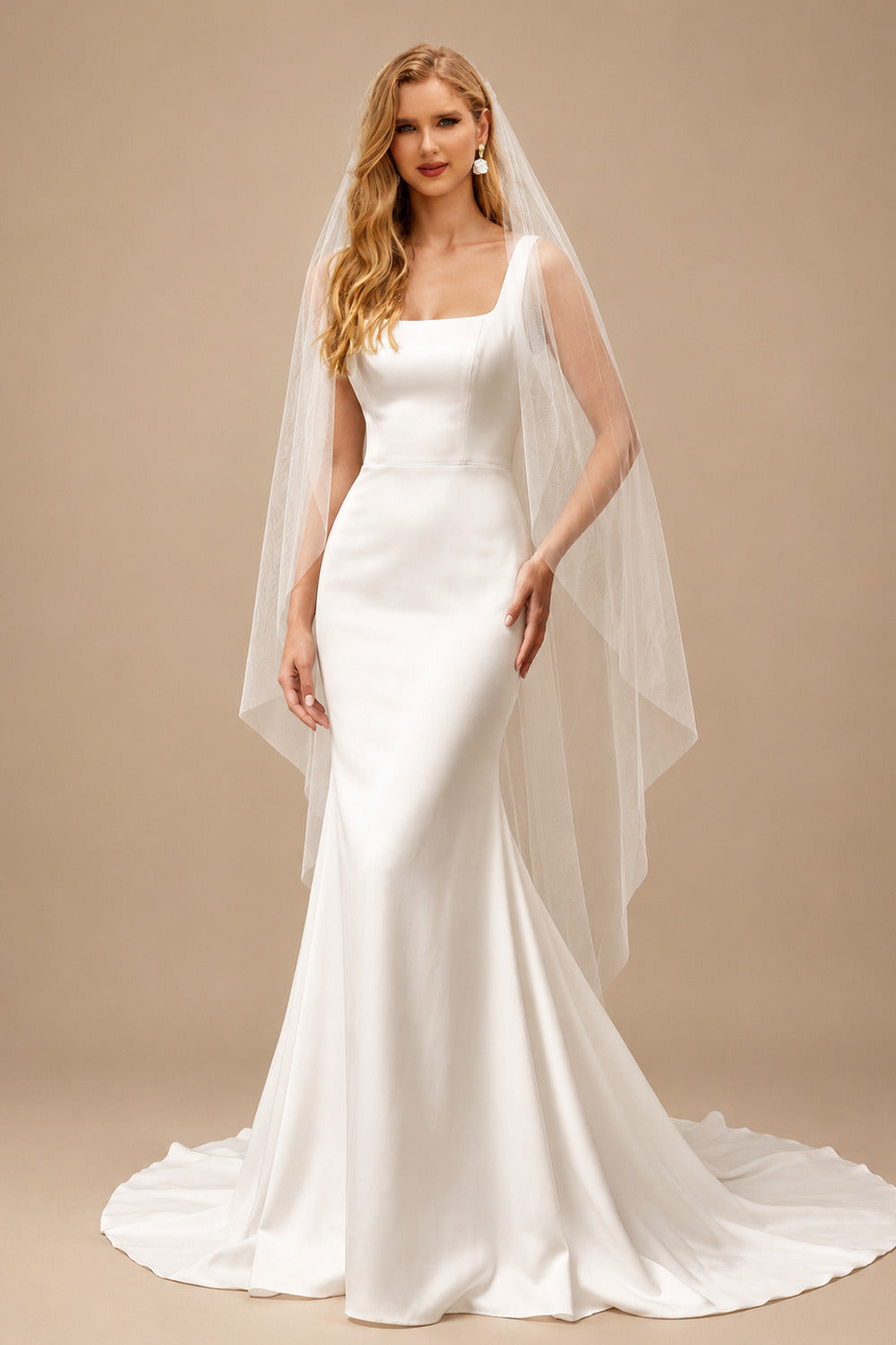 Rutipo Ivory Elegant Square Neckline Sleeveless Mermaid Sweep Train Satin Wedding Dresses