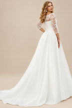 Rutipo Ivory A-Line Illusion Neck 3/4 Sleeves Court Train Satin Wedding Dresses With Appliques Lace
