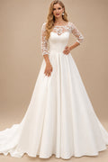 Rutipo Ivory A-Line Illusion Neck 3/4 Sleeves Court Train Satin Wedding Dresses With Appliques Lace