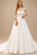 Rutipo Ivory A-Line Illusion Neck 3/4 Sleeves Court Train Satin Wedding Dresses With Appliques Lace
