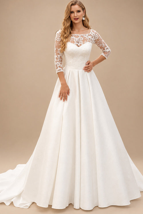Rutipo Ivory A-Line Illusion Neck 3/4 Sleeves Court Train Satin Wedding Dresses With Appliques Lace