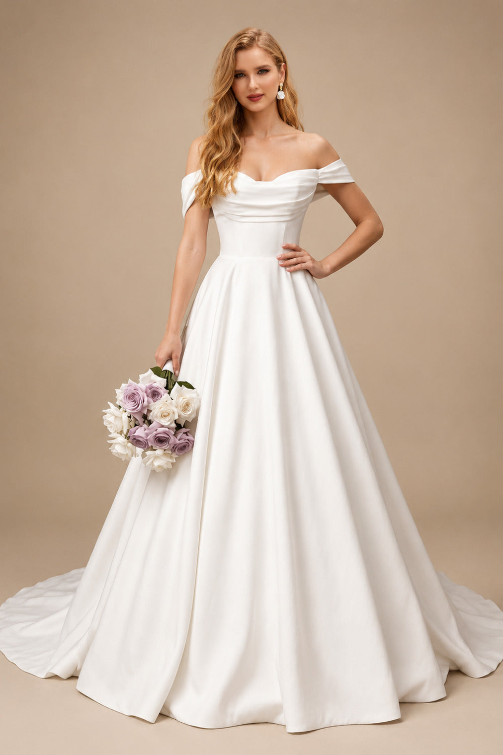 Rutipo Ivory Ball-Gown Off-The-Shoulder Sleeveless Court Train Crepe Satin Wedding Dresses