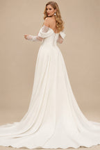 Rutipo Ivory A-Line Off-The-Shoulder Long Sleeves Court Train Lace Wedding Dresses With Split Front