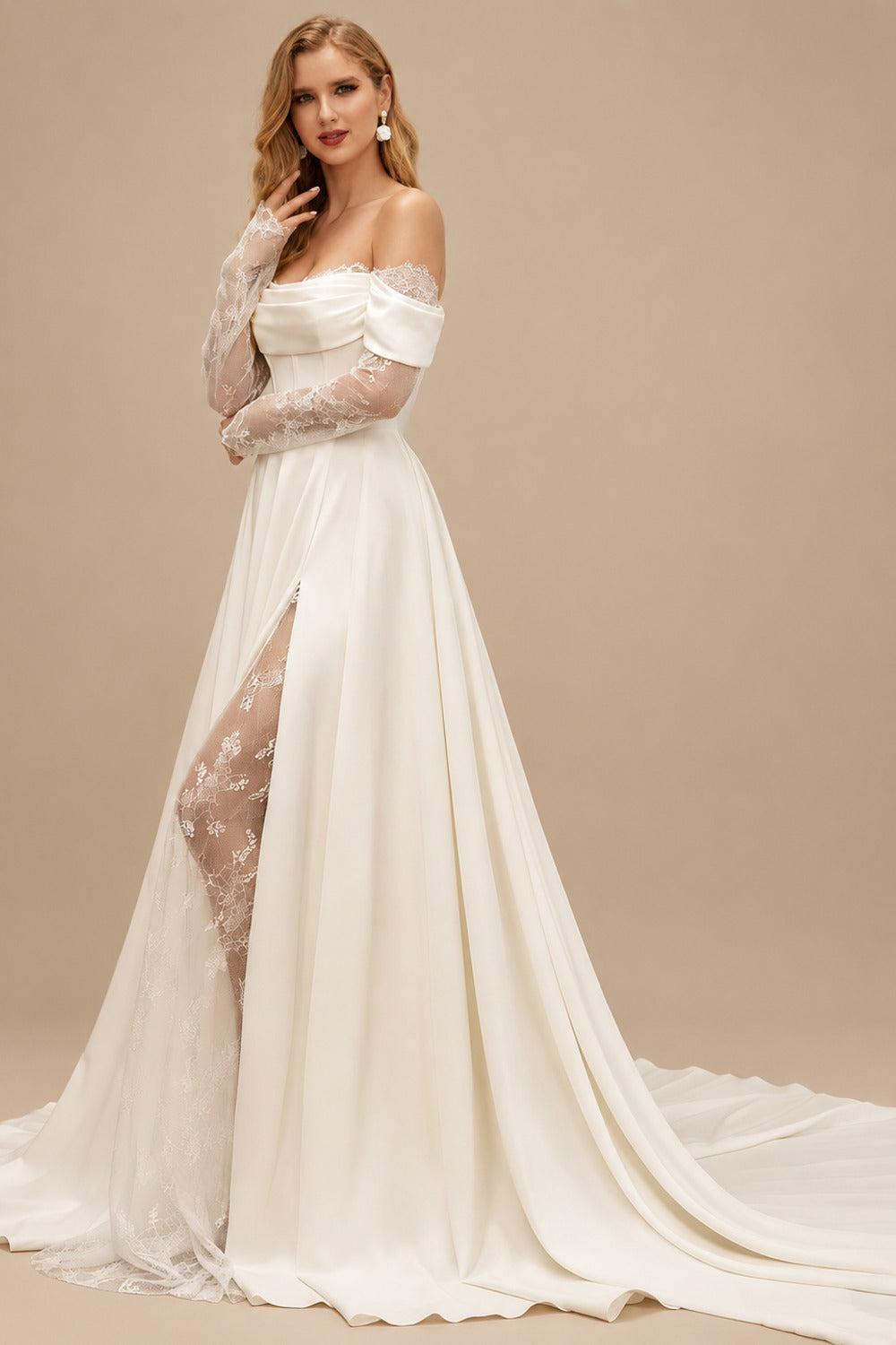 Rutipo Ivory A-Line Off-The-Shoulder Long Sleeves Court Train Lace Wedding Dresses With Split Front