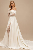 Rutipo Ivory A-Line Off-The-Shoulder Long Sleeves Court Train Lace Wedding Dresses With Split Front