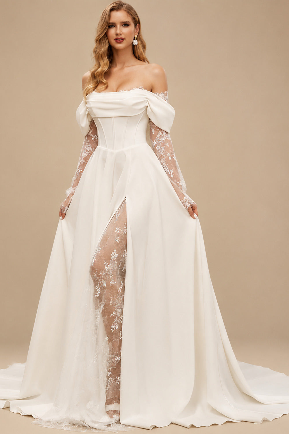 Rutipo Ivory A-Line Off-The-Shoulder Long Sleeves Court Train Lace Wedding Dresses With Split Front