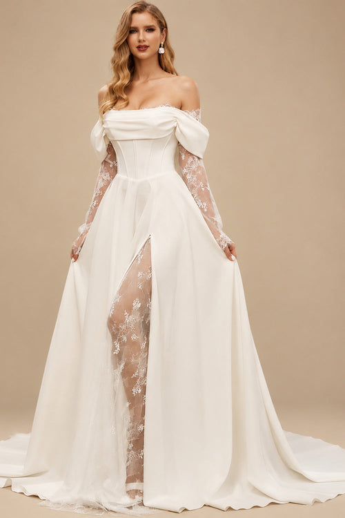 Rutipo Ivory A-Line Off-The-Shoulder Long Sleeves Court Train Lace Wedding Dresses With Split Front