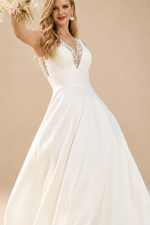 Rutipo Ivory A-Line Plunge Neck Sleeveless Chapel Train Wedding Dresses With Appliques Lace