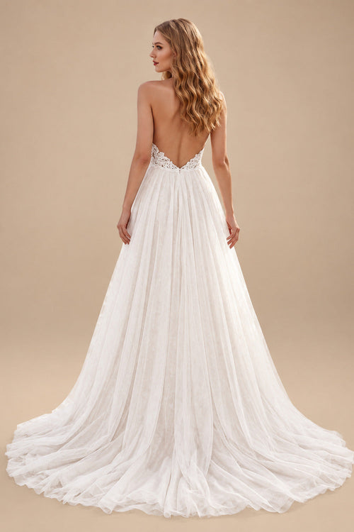 Rutipo Ivory A-Line Halter Sleeveless Sweep Train LaceTulle/Charmeuse With Pockets Bride Wedding Dress