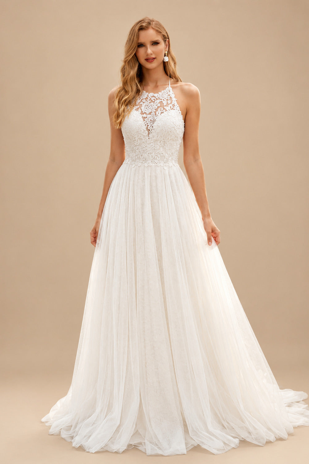 Rutipo Ivory A-Line Halter Sleeveless Sweep Train LaceTulle/Charmeuse With Pockets Bride Wedding Dress