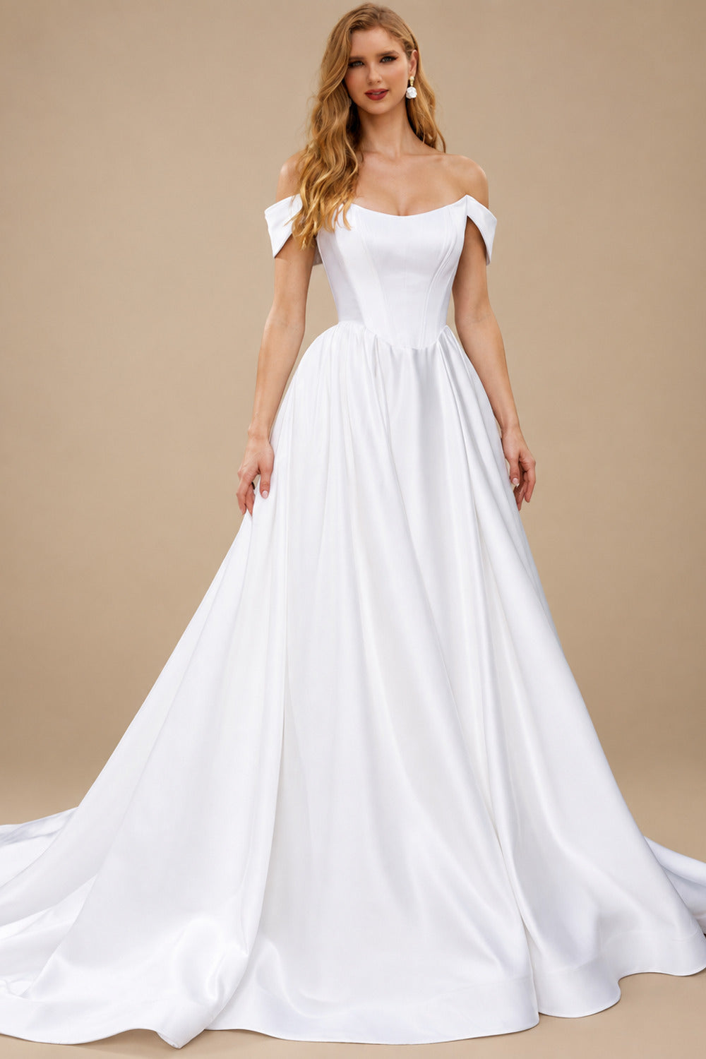 Rutipo White Ball-Gown Off-The-Shoulder Sleeveless Court Train Matte Satin Bride Wedding Dress With Pockets