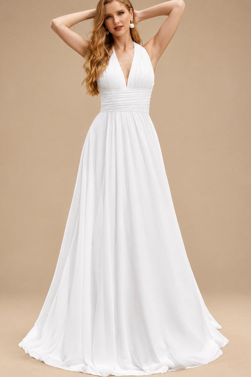 Rutipo White A-Line Halter Sleeveless Sweep Train Chiffon With Pockets Bride Wedding Dress