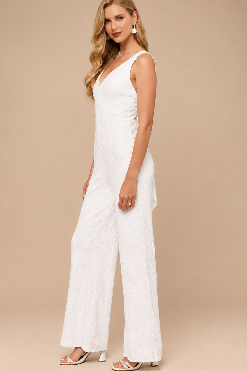 Rutipo White Jumpsuit/Pantsuit V-Neck Sleeveless Floor-Length Sequined With Bow(s) Bride Wedding Dress