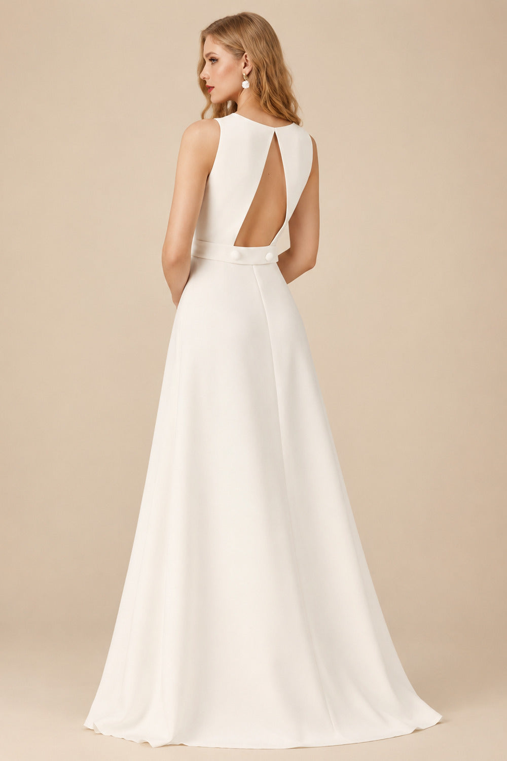 Rutipo Ivory Jumpsuit/Pantsuit Scoop Neck Sleeveless Floor-Length Italian Satin With Pockets Bride Wedding Dress