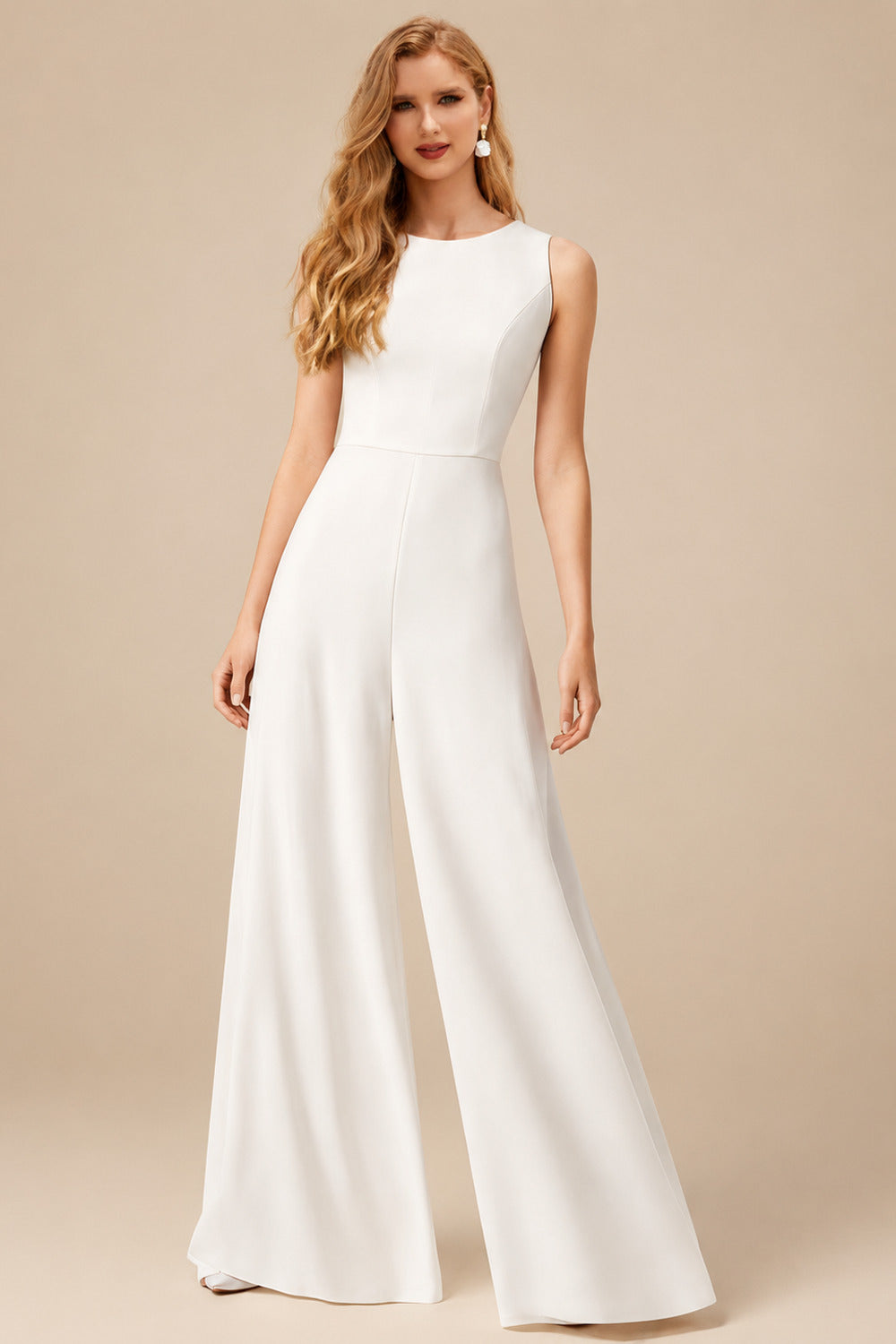 Rutipo Ivory Jumpsuit/Pantsuit Scoop Neck Sleeveless Floor-Length Italian Satin With Pockets Bride Wedding Dress