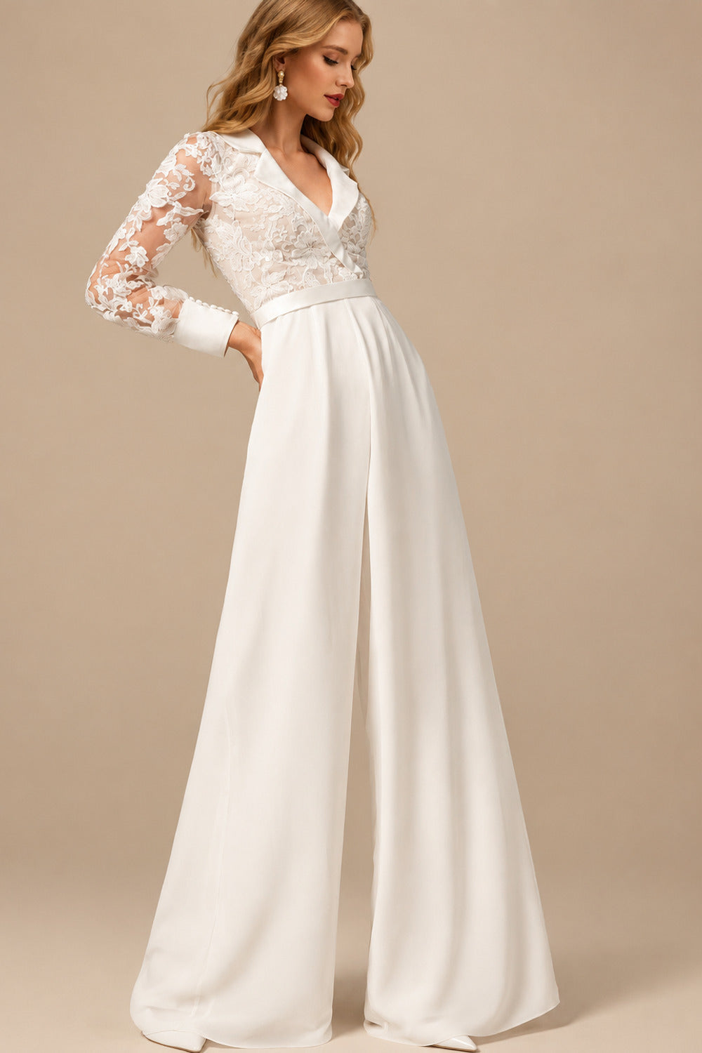 Rutipo As Picture Jumpsuit/Pantsuit V-Neck Long Sleeves Floor-Length Chiffon With Pocket Bride Wedding Dress