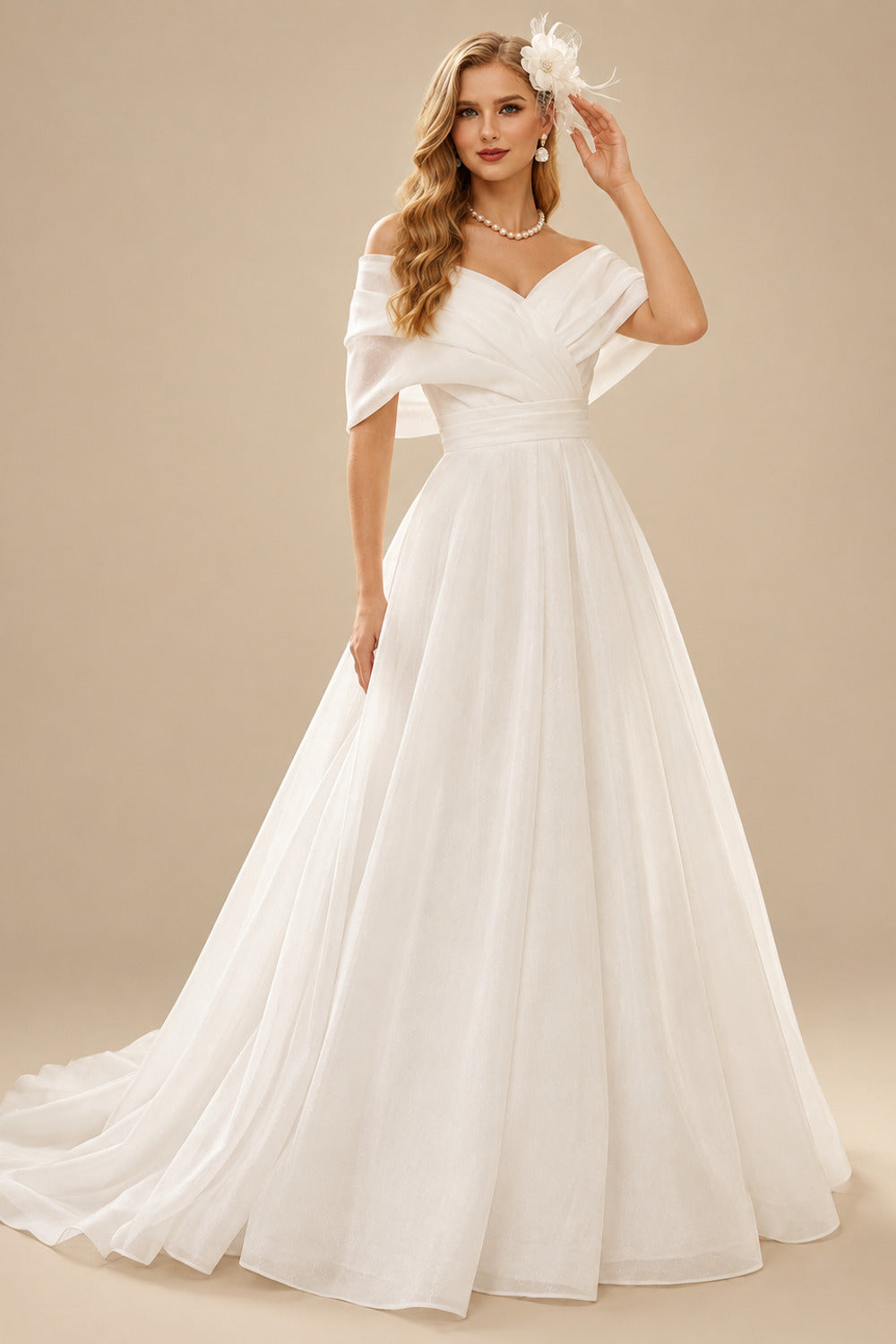 Rutipo Ivory Ball-Gown V-Neck/Off-The-Shoulder Sleeveless Sweep Train Tulle Wedding Dresses