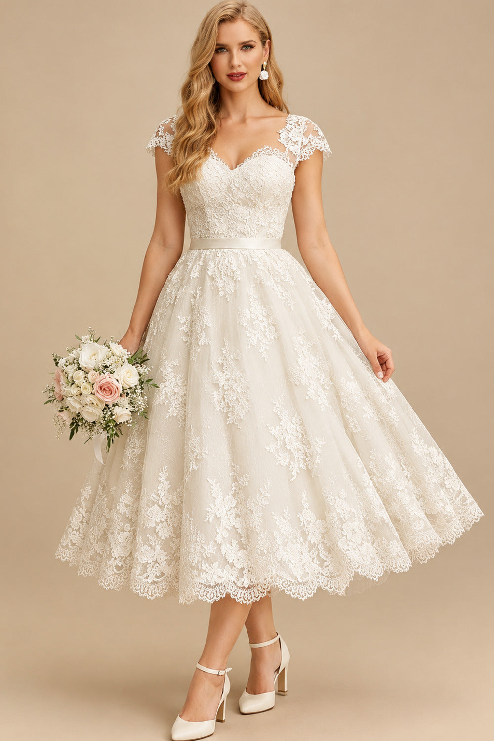 Rutipo Ivory A-Line Sweetheart Short Sleeves Tea-Length Lace Wedding Dresses With Lace/Appliques