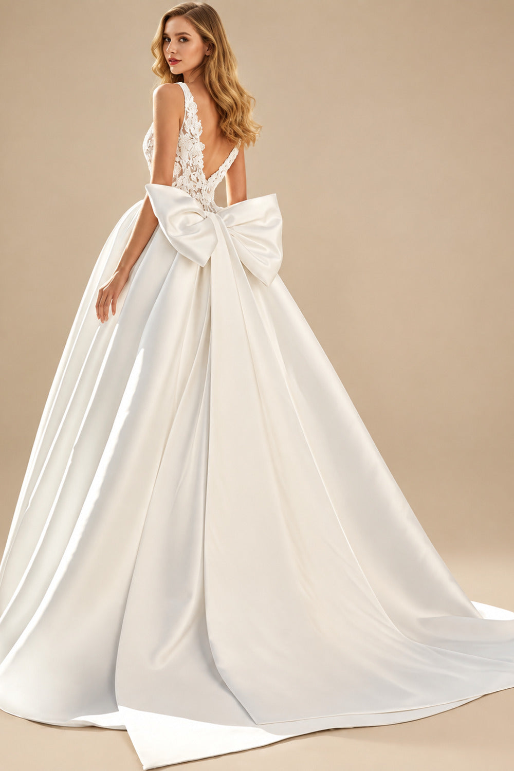 Rutipo Ivory Ball-Gown Plunge Neck Sleeveless Court Train Twill Satin Bride Wedding Dress With Bow(s)/Pockets/Appliques