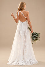 Rutipo Ivory A-Line One-Shoulder Sleeveless Sweep Train Tulle Bride Wedding Dress With Appliques Lace/High Split