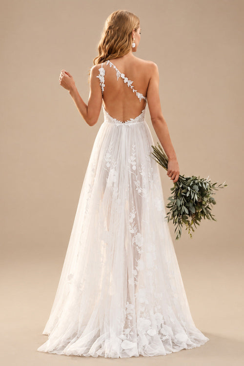 Rutipo Ivory A-Line One-Shoulder Sleeveless Sweep Train Tulle Bride Wedding Dress With Appliques Lace/High Split