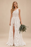 Rutipo Ivory A-Line One-Shoulder Sleeveless Sweep Train Tulle Bride Wedding Dress With Appliques Lace/High Split