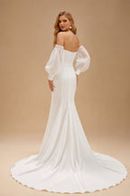 Rutipo Ivory Trumpet/Mermaid Off-The-Shoulder Long Sleeves Chapel Train Crepe Satin Wedding Dresses With Beading