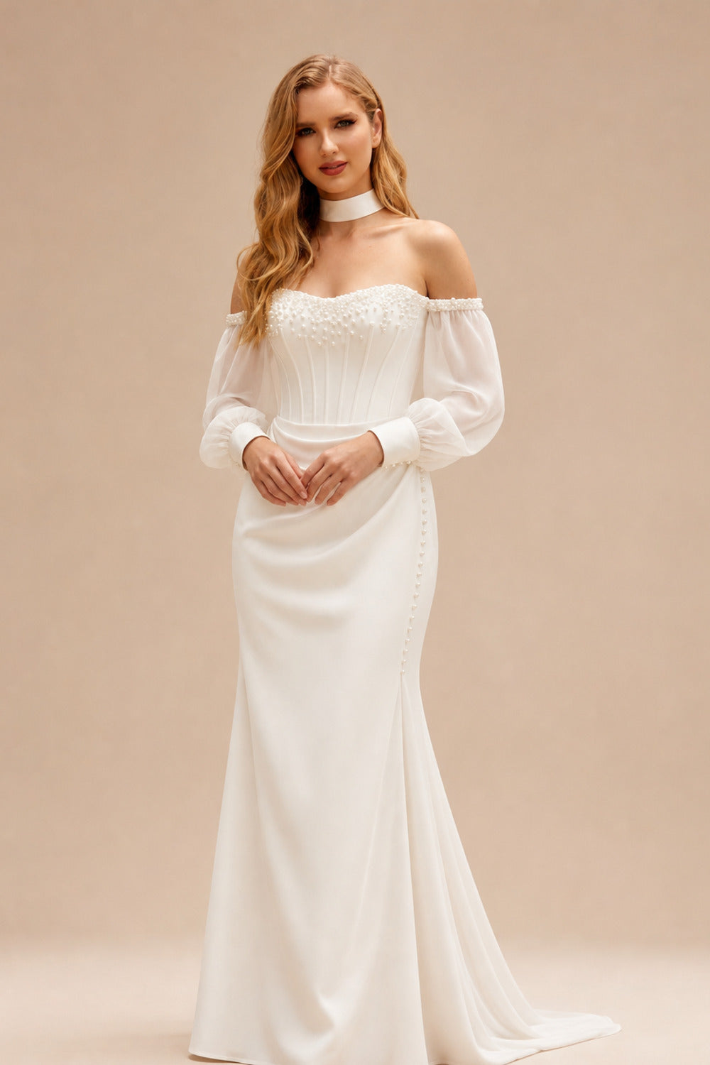 Rutipo Ivory Trumpet/Mermaid Off-The-Shoulder Long Sleeves Chapel Train Crepe Satin Wedding Dresses With Beading
