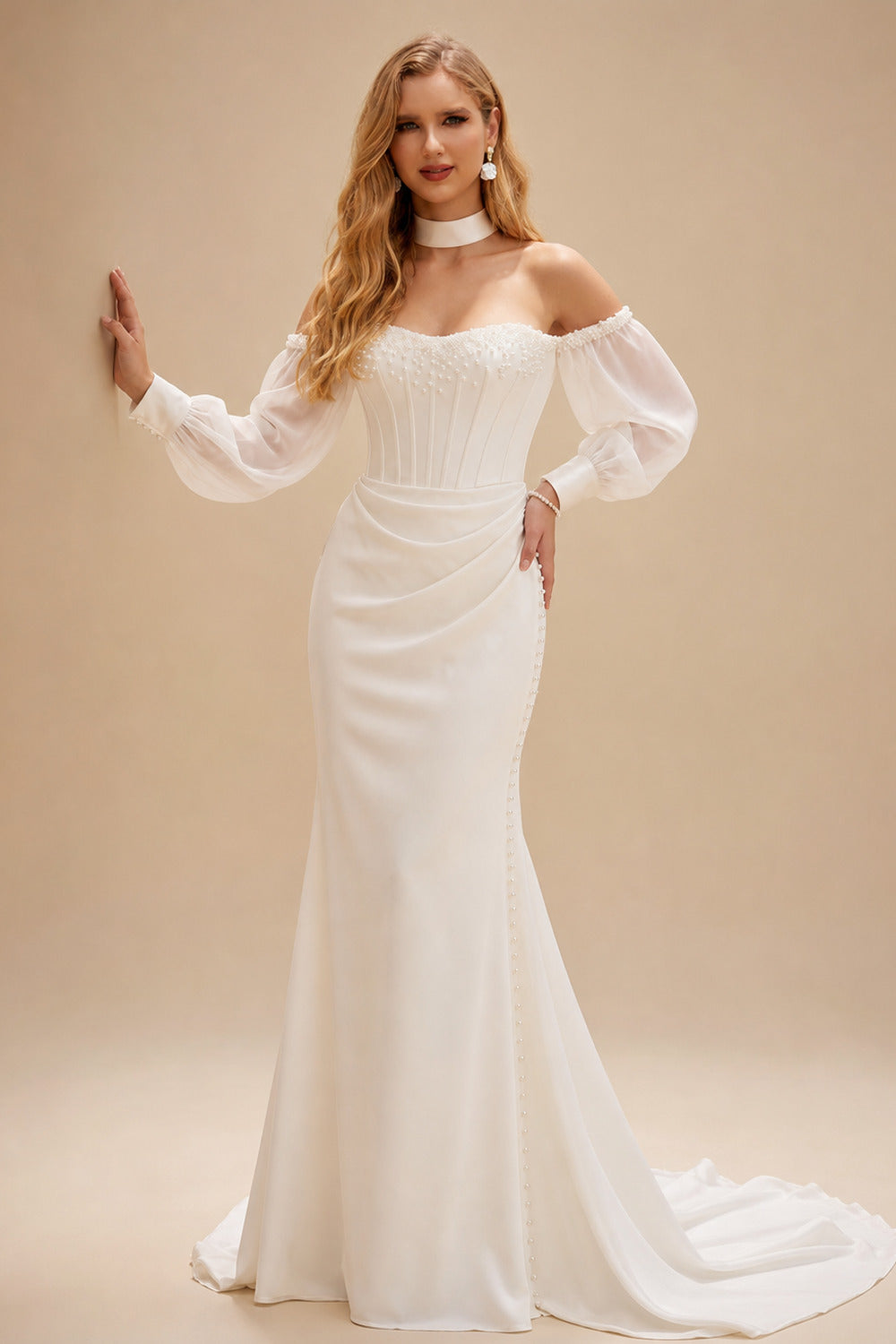 Rutipo Ivory Trumpet/Mermaid Off-The-Shoulder Long Sleeves Chapel Train Crepe Satin Wedding Dresses With Beading