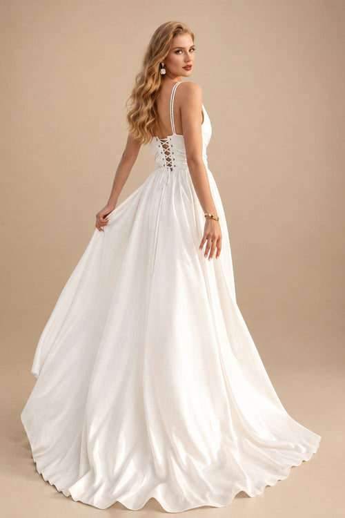 Rutipo Ivory A-Line Cowl Neck Sleeveless Sweep Train Stretch Satin Bride Wedding Dress With Pockets/Detachable Shawl