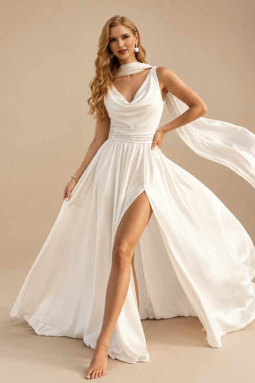 Rutipo Ivory A-Line Cowl Neck Sleeveless Sweep Train Stretch Satin Bride Wedding Dress With Pockets/Detachable Shawl