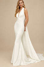Rutipo Ivory Trumpet/Mermaid Halter/Plunge Neck Sleeveless Detachable Trail Matte Satin Bride Wedding Dress