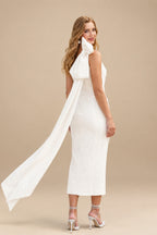 Rutipo Ivory Sheath/Column One-Shoulder Sleeveless Ankle-Length Elastic Satin Wedding Dress With Bow(s)/Pleated/Sweeping Side Drape