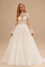 Rutipo Ivory Ball-Gown High Neck Long Sleeves Chapel Train Satin/Tulle/Organza Wedding Dres With Appliques Lace