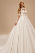 Rutipo Ivory Ball-Gown High Neck Long Sleeves Chapel Train Satin/Tulle/Organza Wedding Dres With Appliques Lace
