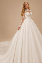 Rutipo Ivory Ball-Gown High Neck Long Sleeves Chapel Train Satin/Tulle/Organza Wedding Dres With Appliques Lace