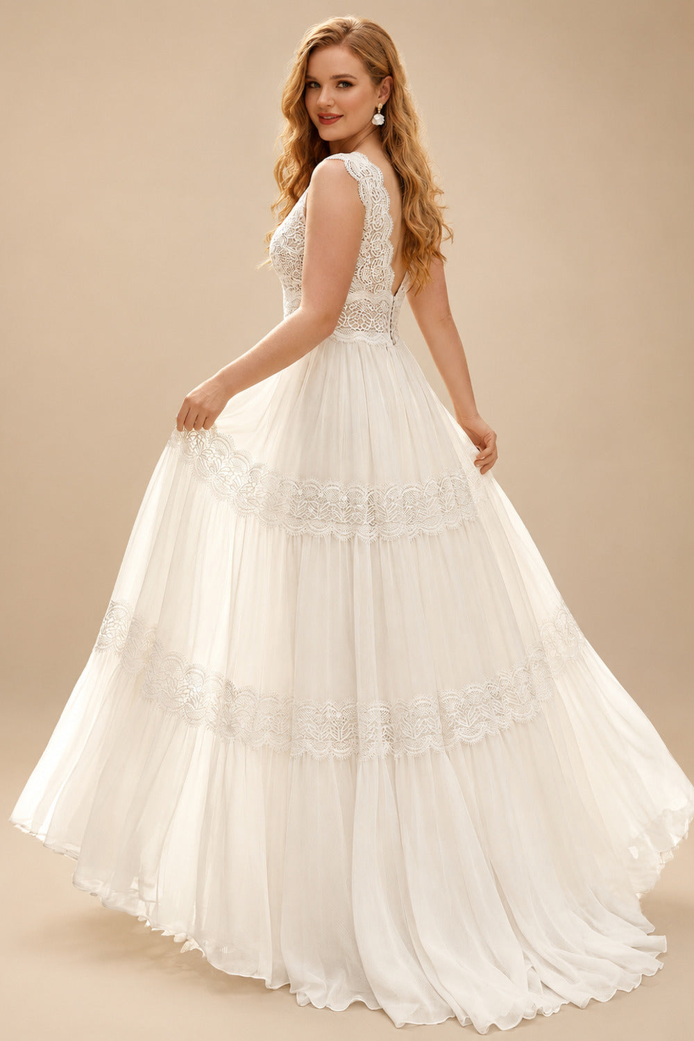 Rutipo Ivory Elegant A-Line V-Neck Sleeveless Floor-Length Chiffon/Lace Wedding Dresses With Lace