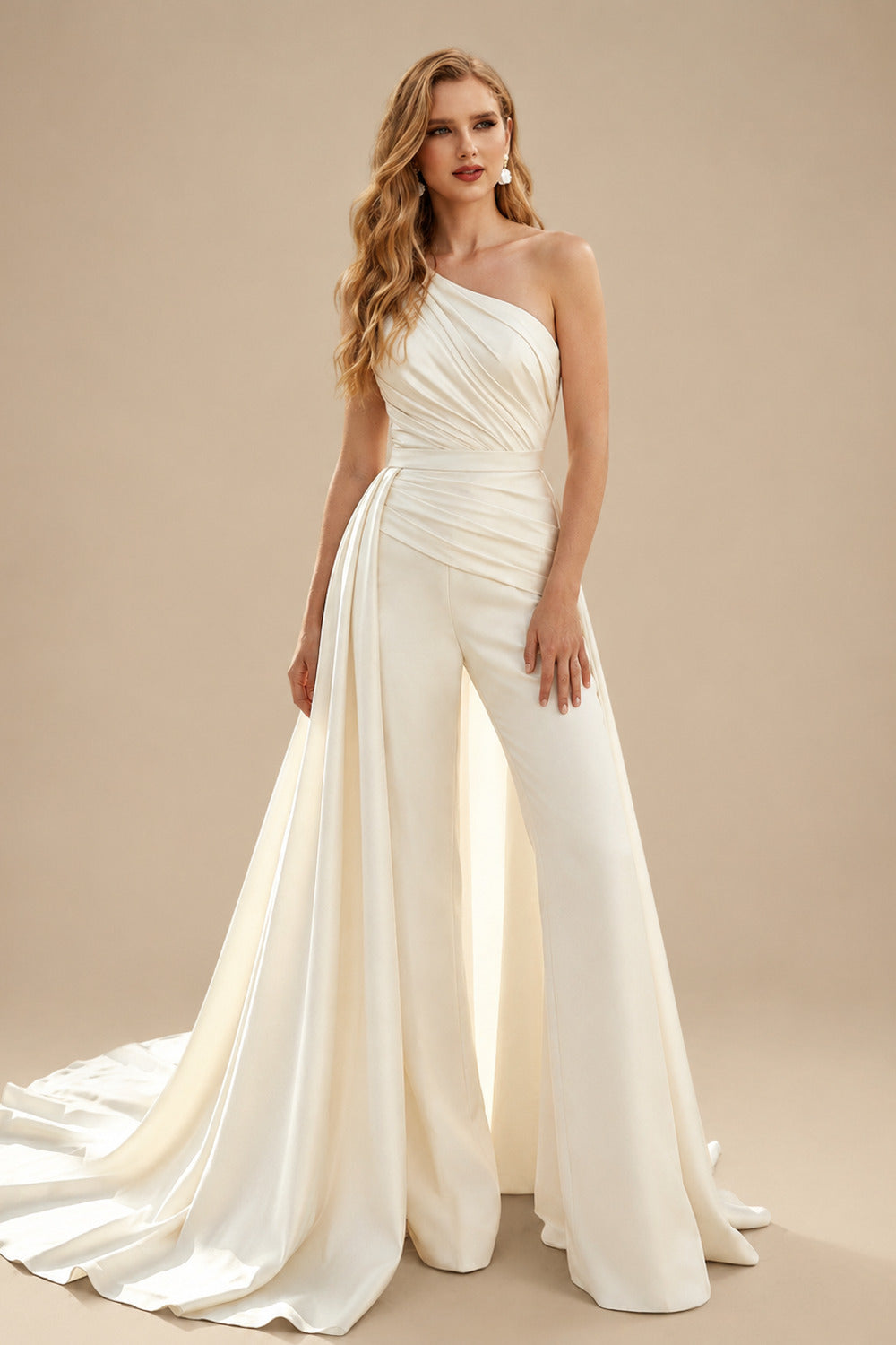 Rutipo Ivory Jumpsuit/Pantsuit One-Shoulder Sleeveless Detachable Crepe Satin Wedding Dress With Pleated