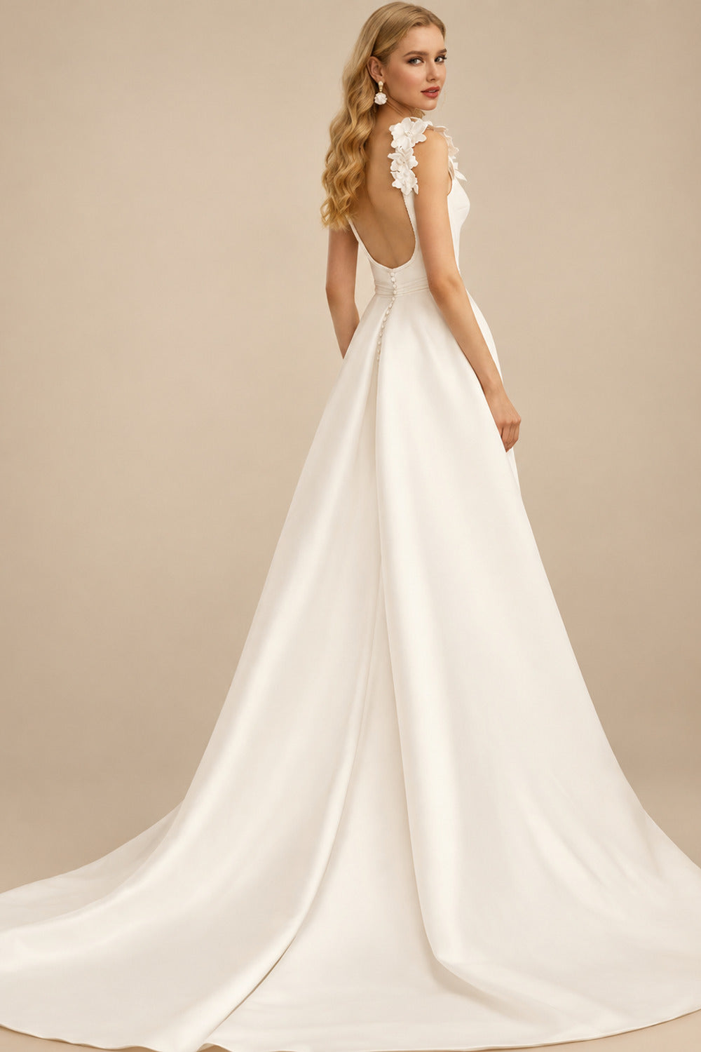 Rutipo Ivory A-Line Square Neckline Sleeveless Court Train Chiffon/Matte Satin Wedding Dresses With Flower(s)/Overskirt Dress