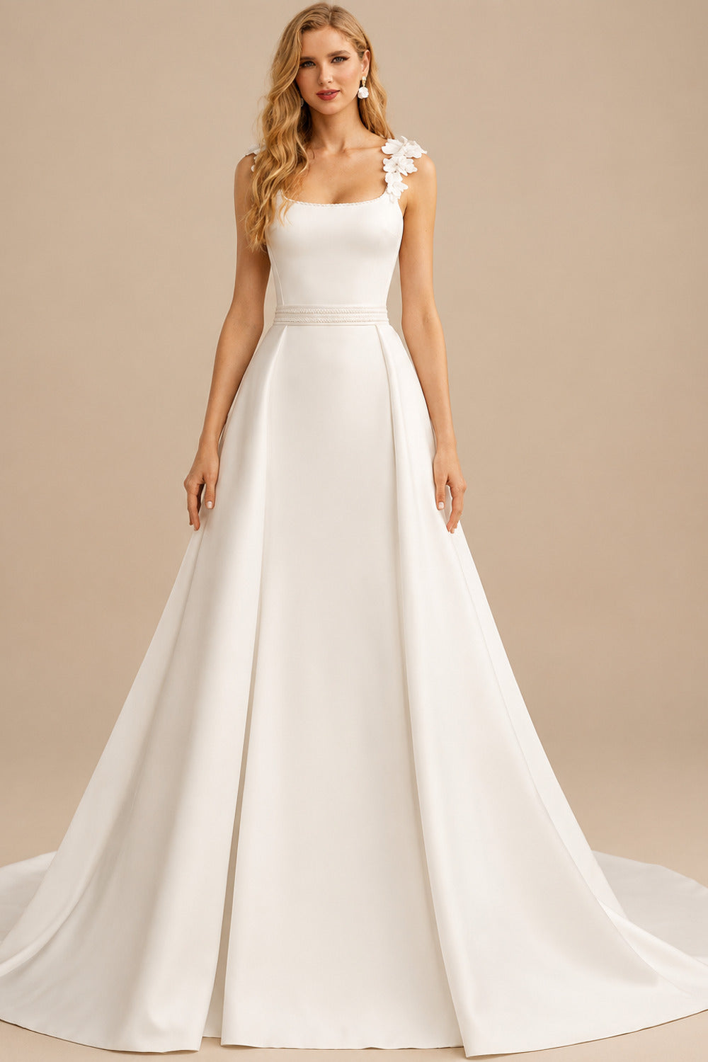 Rutipo Ivory A-Line Square Neckline Sleeveless Court Train Chiffon/Matte Satin Wedding Dresses With Flower(s)/Overskirt Dress