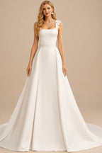 Rutipo Ivory A-Line Square Neckline Sleeveless Court Train Chiffon/Matte Satin Wedding Dresses With Flower(s)/Overskirt Dress